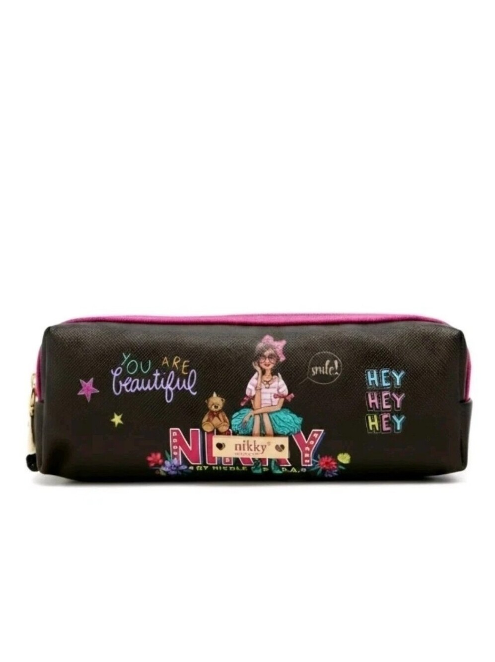 Nikky by Nicole Lee Slim Cosmetic Bag Makeup Travel Zipper Pouch Black Pink NWT